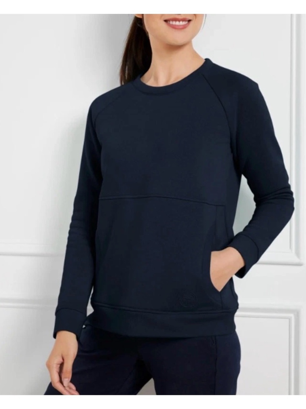 T by Talbots Navy Crewneck Pullover Fleece Lined Kangaroo Pockets Sz L